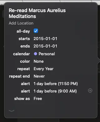 calendar reminder to read marcus aurelius meditations
