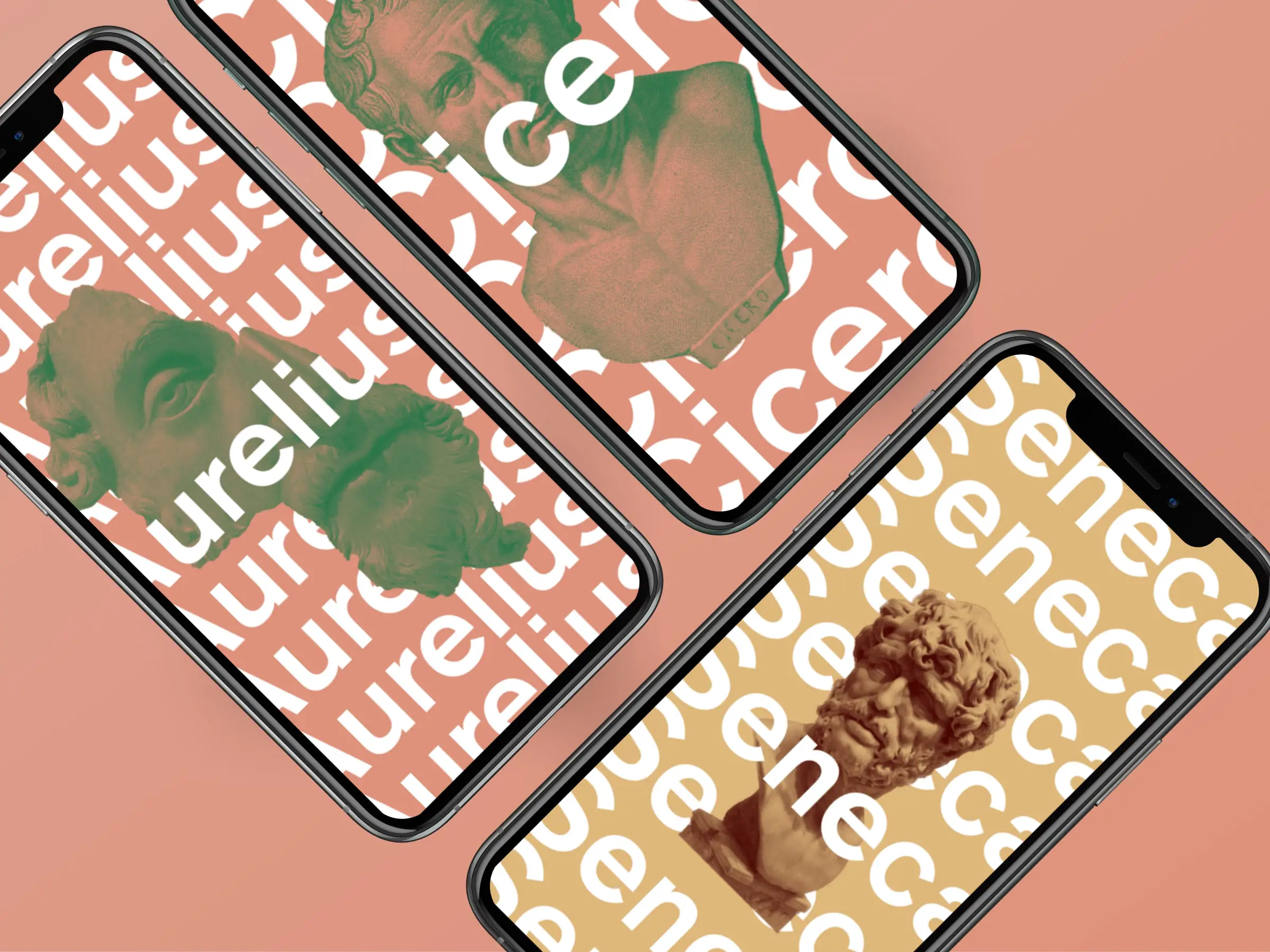 3 iphones with stoic philosopher backgrounds